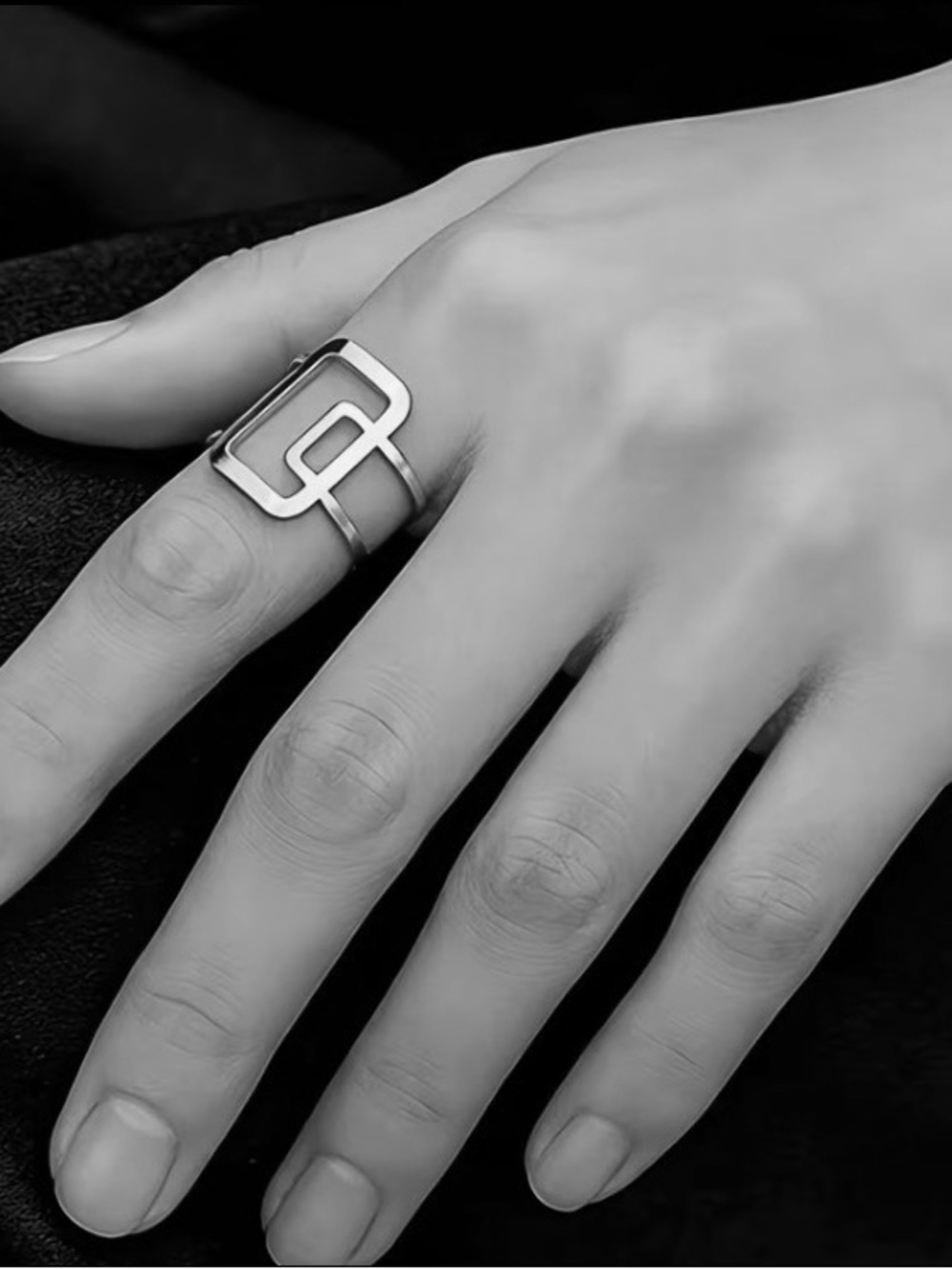 Modern Double-Square Open Band Ring in a Silver Stainless Steel - Picture 4 of 4